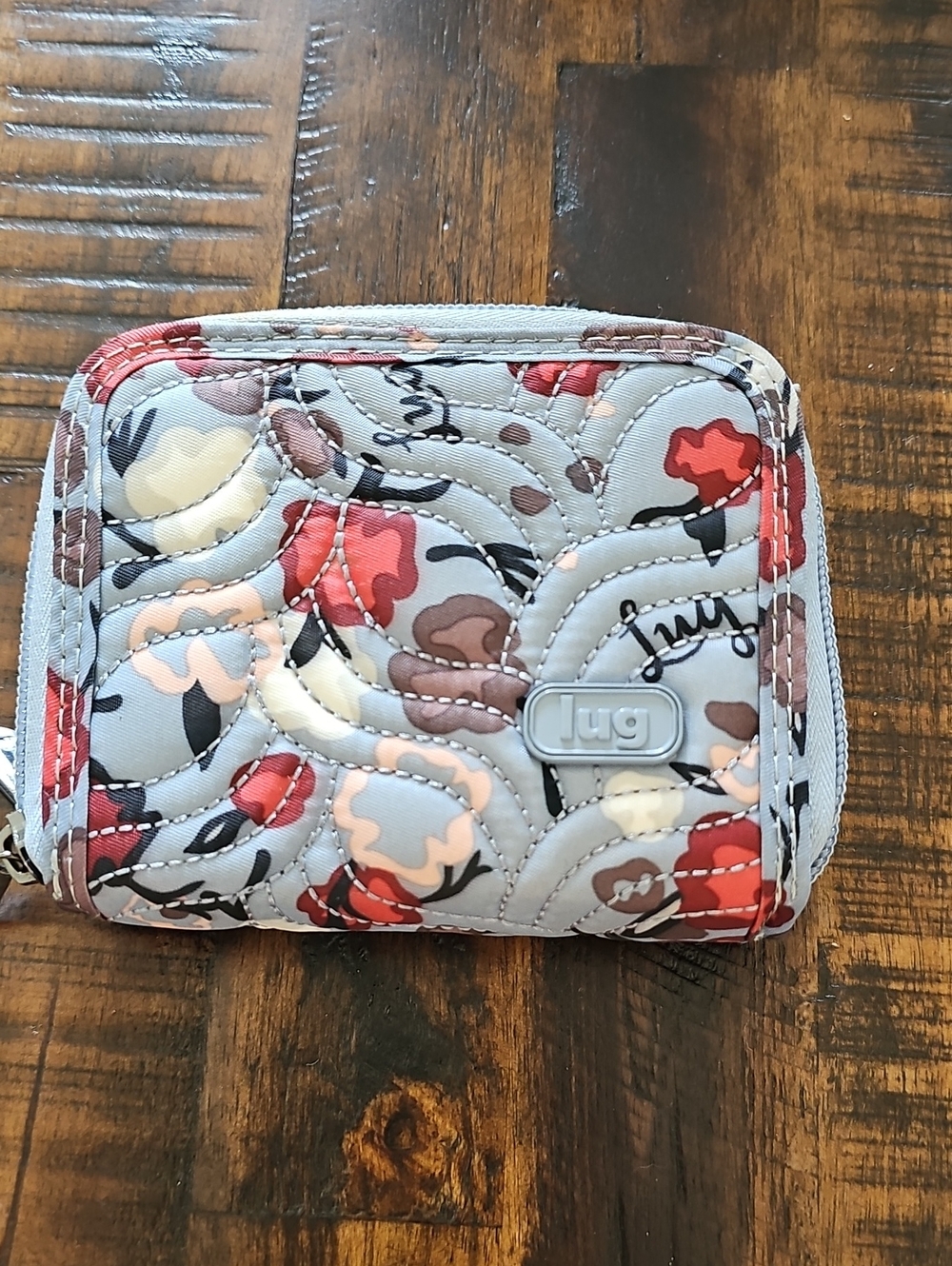 lug Splits Quilted Wallet in Gray with Red and Brown Floral Print